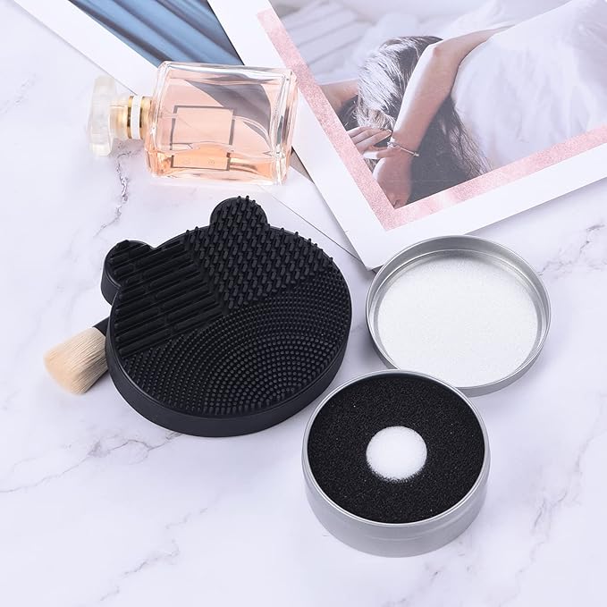Silicon Makeup Brush Cleaner Mat with Brush Drying manual Make up cleaner cleanser machine Cosmetic Cleaning Pad+Makeup Dry Cleaned Quick Color Removal Sponge Scrubber Tool(Black)