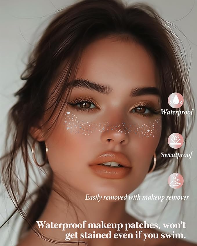 Glitter Freckles, Coachella Face Glitter for Kids Women Girls, Waterproof Glow Up Singer Concerts Festival Rave Accessories (Silver -Hearted)