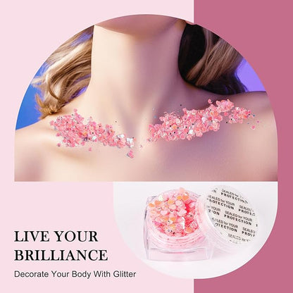Glitter Body Face Hair Makeup Festival Gel, 6 Shapes Clear Pink Rave Glitter Face Pain Glitter Eyeshadow for Kids Women Girls Singer Concerts Festival Rave Accessories