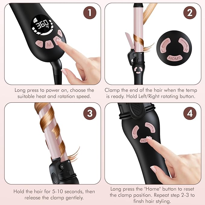 New Version Lanvier Rotating Curling Iron 1.25 Inch Automatic Curling Wand for Waves; Tourmaline Ceramic Self Curler with 2 Rotating Speed, 11 Adjustable Temperature & Dual Voltage for Worldwide Use