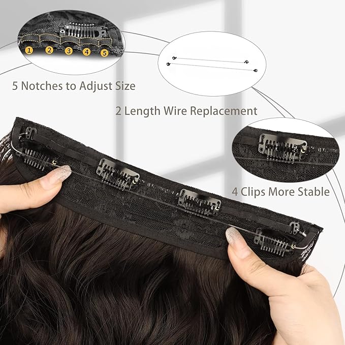 MORICA Invisible Wire Hair Extensions - 14 Inch Natural Black Long Wavy Synthetic Hairpiece with Transparent Wire Adjustable Size, 4 Secure Clips for Women(Natural Black,14Inch)