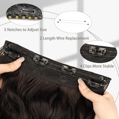 MORICA Invisible Wire Hair Extensions - 14 Inch Natural Black Long Wavy Synthetic Hairpiece with Transparent Wire Adjustable Size, 4 Secure Clips for Women(Natural Black,14Inch)