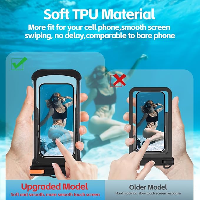2 PCS Waterproof Phone Pouch, IPX8 Underwater Case for iPhone 15 14 13 Pro Max Plus, Galaxy S24 S23 Pixel 8a 7a Up to 8",Dry Bag for Beach Cruise Essentials, Black Orange