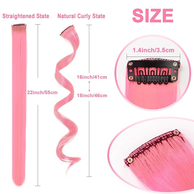 10 PCS Pink and Lake Blue Hair Extensions, Curly Wavy Synthetic Hairpieces Clip in Rainbow Neon Party Highlights, Colorful Hair Accessories for Women 17 inch (Pink Lake Blue)
