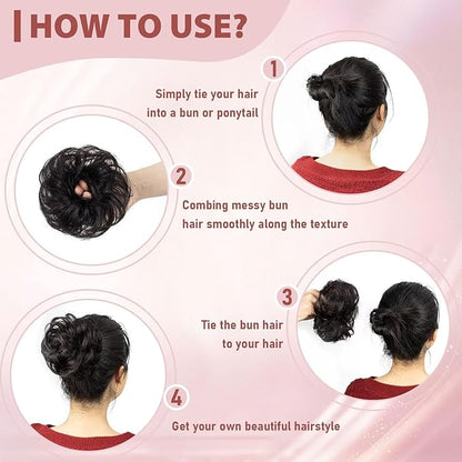 1 PCS Messy Bun Hair Piece Real Human Hair Thick Updo Wavy Curly Chignon Ponytail Hair Extensions Hair Bun Hairpieces for Women Girls (#4/27 Medium Brown/Dark Blonde)