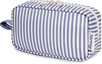Narwey Small Makeup Bag for Purse Travel Makeup Pouch Mini Cosmetic Bag Zipper Pouch for Women (Greyish Blue Stripe, Small)