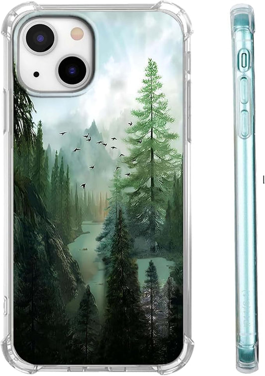 Case for iPhone 13 with Forest Design,Mountain and Birds Beautiful Scenery Nature Pattern,Soft TPU Bumper Phone Cover(13,Wood)