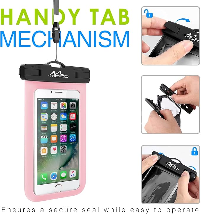MoKo Waterproof Phone Pouch Holder, Cellphone Case Dry Bag with Lanyard Armband Compatible with iPhone 16 15 14 13 12 11 Pro Max X/Xr/Xs Max/SE 3, Samsung S24/S23/S21/S20/S10/S9, Pearly Pink