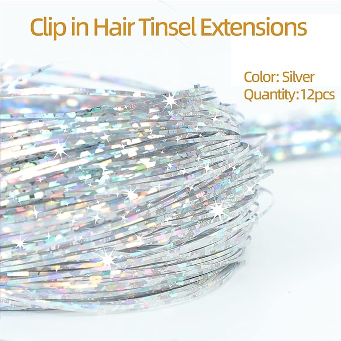 12PCS Tinsel Hair Extensions Glitter Hair Extension Clip in Gold Sparkling Fairy Hair Tinsel Kit Shiny Highlights Colorful Heat Resistant Hair Accessories for Girls New Year Party(Silver)