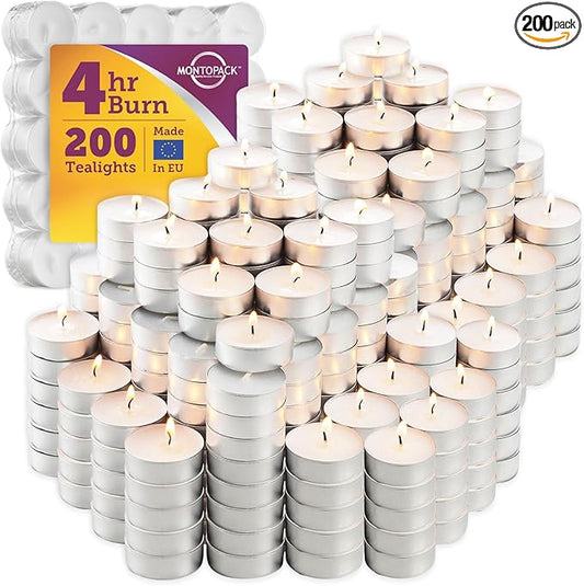 MontoPack Unscented Tea Lights Candles in Bulk | 200 White, Smokeless, Dripless & Long-Lasting Paraffin Tea Candles | Small Votive for Home, Pool, Shabbat, Weddings & Emergencies