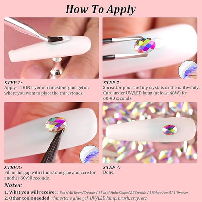 Multi Shapes 3D Glass AB Crystal Nail Art Rhinestones Kit with Flatback Round Bead Charm Gem Stone Jewelry Diamond with Pickup Pen + Tweezer for Manicure Craft Decoration by BELLEBOOST (Iridescent)