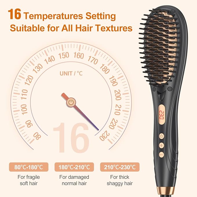 Hair Straightener Brush, Hair Straightener Comb Straightening Brush for Women with 16 Temps, 20s Fast Heating & Anti-Scald
