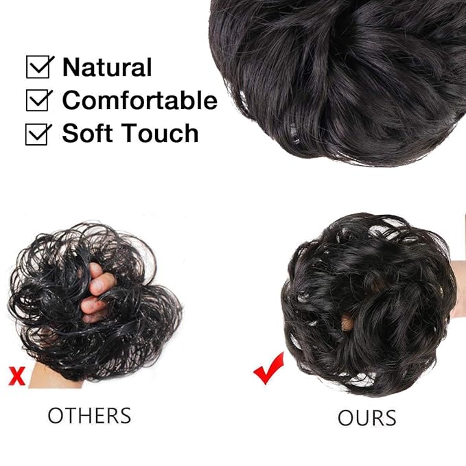 MORICA 2PCS Messy Bun Hair Piece, Fake Hair Messy Bun Scrunchies For Thin Hair Extension Curly Wavy Synthetic Chignon Ponytail Hair Pieces for Women (Black Brown)