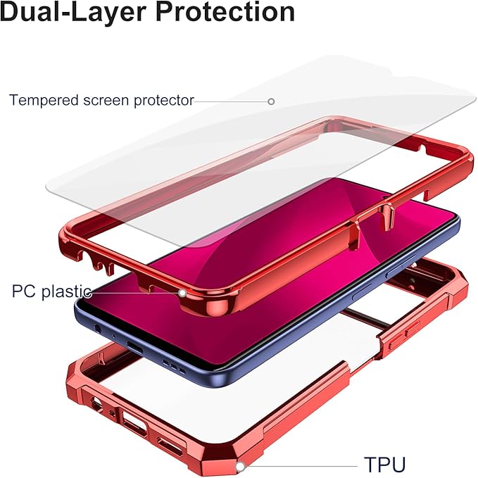 Ailiber for TMobile REVVL 7 Pro 5G Phone Case, Clear Case with Screen Protector, Dual Layer Shockproof Bumper, Transparent [Anti Yellowing], Slim Cell Phone Cover for Metro REVVL 7 Pro 5G-Red