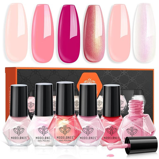 modelones Nail Polish Set, 6 Colors Quick Dry Nude Hot Pink Chrome Nail Polish Light Pink Shimmer Pearl Spring Summer Fingernail Polish DIY Nail Art Salon Home Easter Gifts for Women Girl