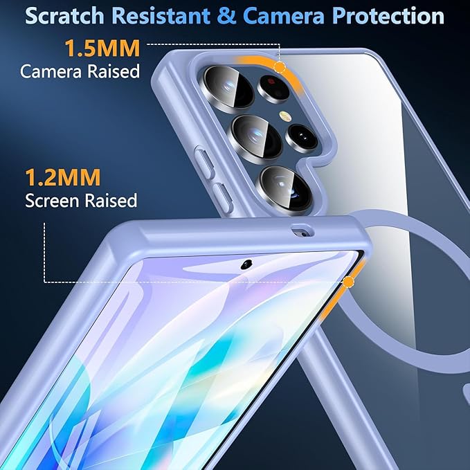 OWKEY Galaxy S25 Ultra Case 6.86'',Magnetic S25 Ultra Case for Magsafe with Tempered Glass Screen, [Shockproof Military] Transparent Back Slim Bumper Cover Phone Case Galaxy S25 Ultra, Light Blue