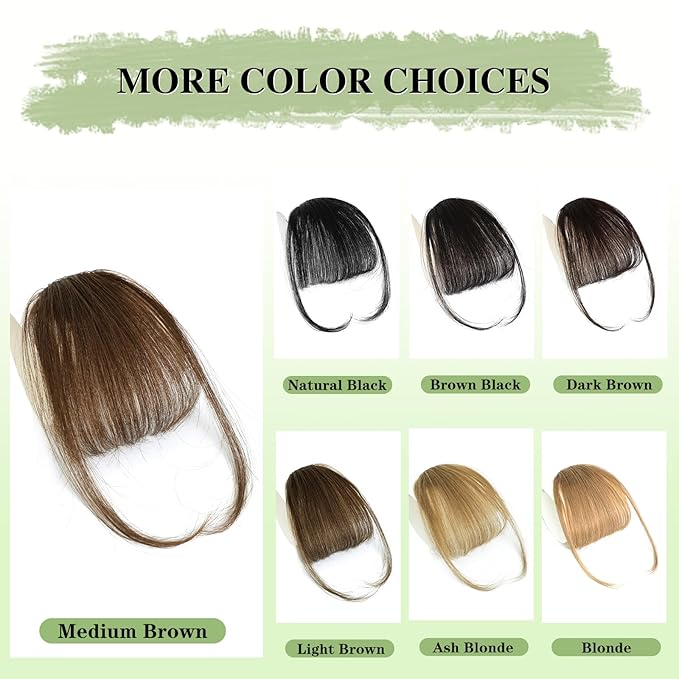 NAYOO Bangs Hair Clip -Medium Brown Fake Bangs 100% Real Human Hair Extensions Wispy Bangs for Women Fringe with Temples Hairpieces Curved Bangs for Daily Wear