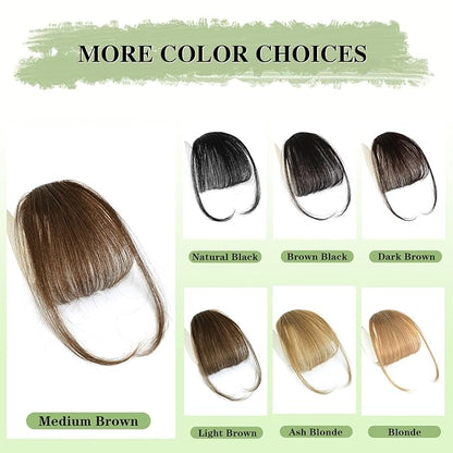 NAYOO Bangs Hair Clip -Medium Brown Fake Bangs 100% Real Human Hair Extensions Wispy Bangs for Women Fringe with Temples Hairpieces Curved Bangs for Daily Wear