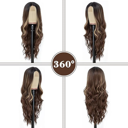 NAYOO Long Brown Mixed Blonde Wavy Wig for Women 26 Inch Middle Part Curly Wavy Wig Natural Looking Synthetic Heat Resistant Fiber for Daily Party Use (Brown Mixed Blonde)