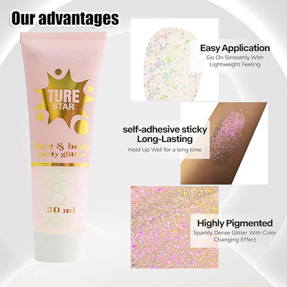 Go Ho Chameleon Baby Pink Body Glitter Gel,Color Changing Light Pink Face Glitter,Holographic Fine Chunky Sequins Glitters,Reflective Sparkly Festival Rave Accessories