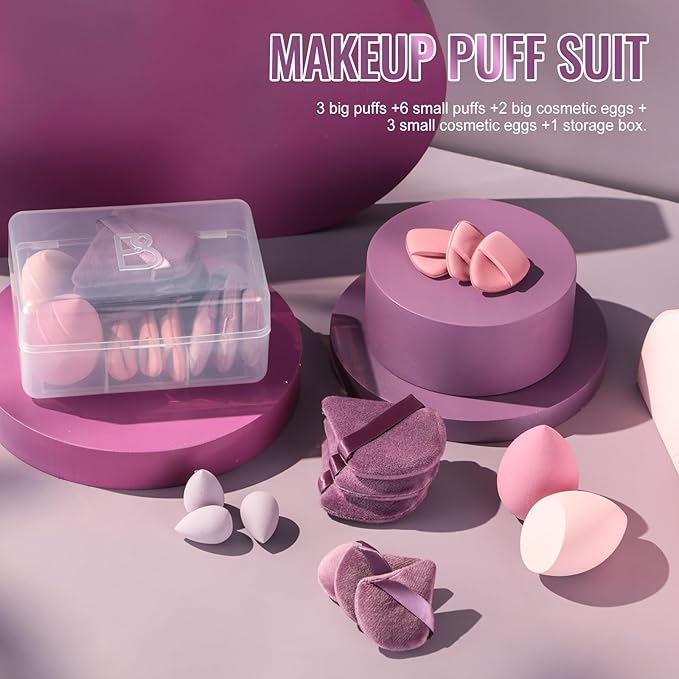 Makeup Sponge Set BS-MALL Triangle Puff 14 Pcs for Liquid, Cream, and Powder, Multi-colored Makeup Sponges and Mini Sponge (A-Purple)
