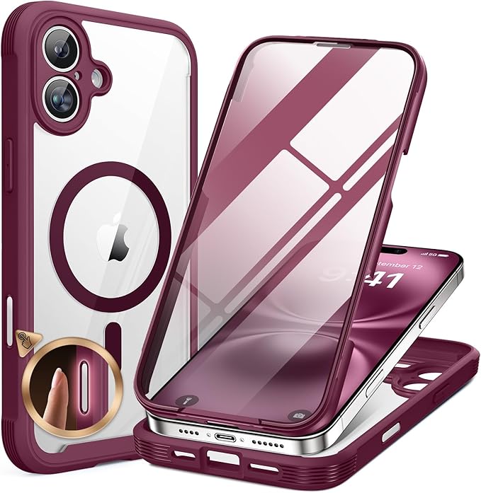 Miracase Magnetic for iPhone 16 Plus Case Full-Body Phone with Built-in Glass Screen Protector, [Compatible with MagSafe] Military Drop Proof 16 Plus Cover 6.7 inch, Plum