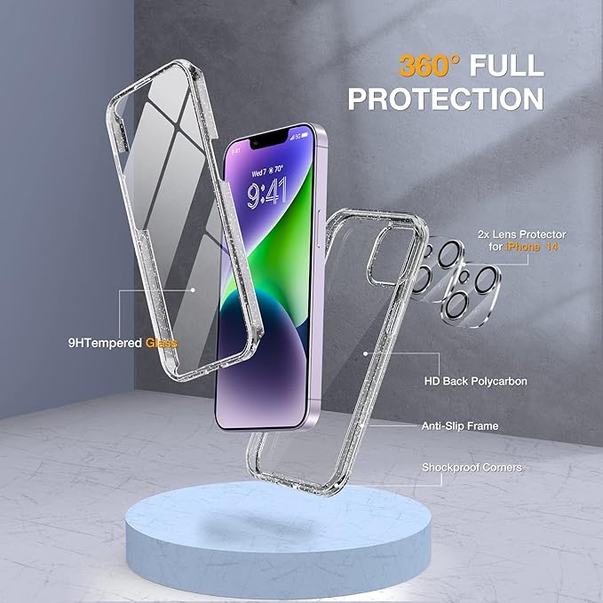 Miracase Glass Series Designed for iPhone 14 Plus Case 6.7 inch, 2023 Upgrade Full-Body Clear Bumper Case with Built-in 9H Tempered Glass Screen Protector and Camera Lens Protector,Glitter Clear