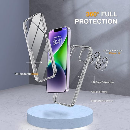 Miracase Glass Series Designed for iPhone 14 Plus Case 6.7 inch, 2023 Upgrade Full-Body Clear Bumper Case with Built-in 9H Tempered Glass Screen Protector and Camera Lens Protector,Glitter Clear