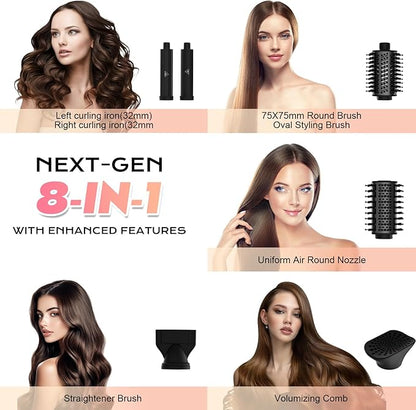 8-in-1 Hot Air Styler&Hair Dryer Brush, Powerful Multi-Styler with Auto-Wrap Curler with Storage Case, Fast Drying Curling Straightening Volumizing Without Heat Damage