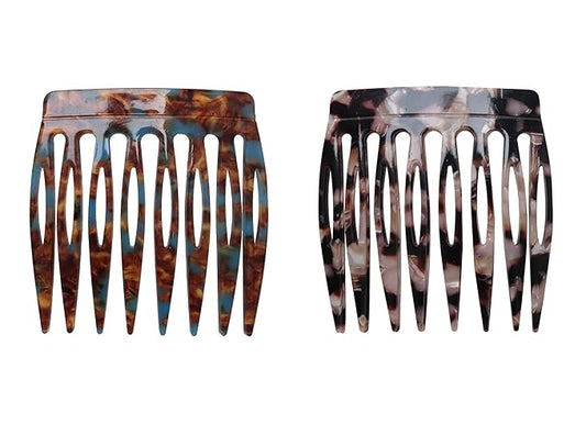 2 Pcs Women Hair Side Comb French Vintage 2.3 x 2.4 Inch Hair Decoration Curved Hair Combs for Bun Twist Hair Styling Accessories (Black and Brown)