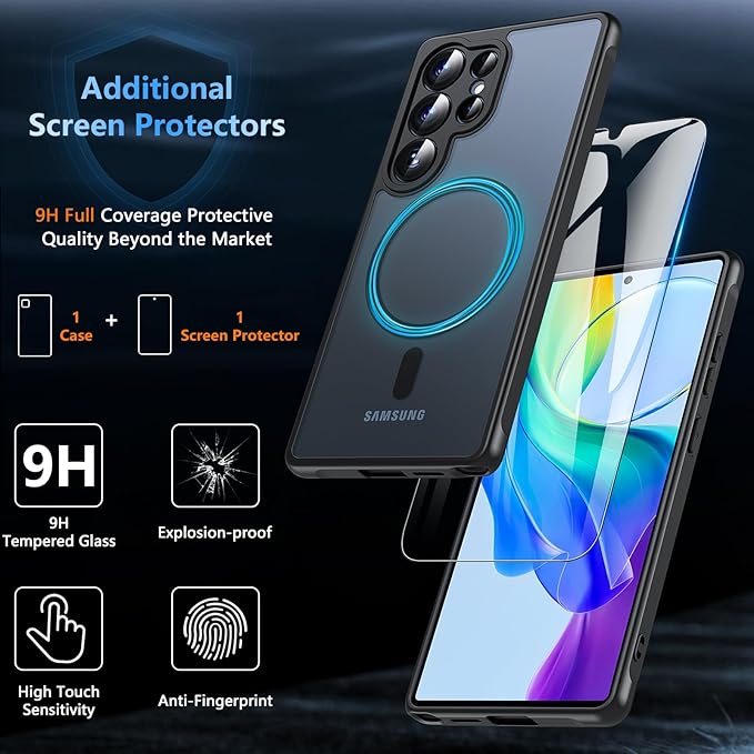 OWKEY Samsung Galaxy S25 Ultra Case 6.86'', Magnetic S25 Ultra Case for Magsafe with Tempered Glass Screen, [Shockproof Military] Translucent Back Slim Bumper Cover Phone Case Galaxy S25 Ultra, Black