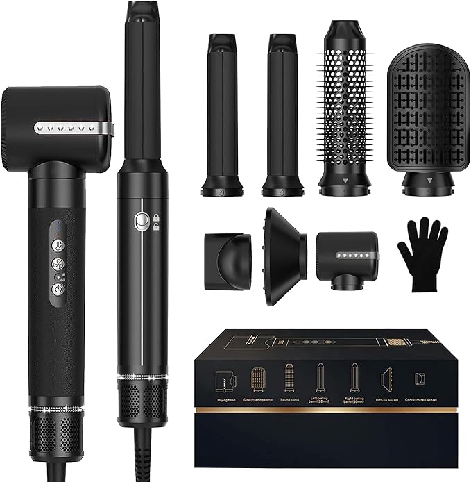 7 in ONE Hair Dryer Brush, Powerful Blow Dryer Brush with Auto- Wrap Curler, Detachable Fast Drying, Volumizing, Curling, Straightening, Ionic Hair Dryer with Diffuser, Hair Styling Tools Storage Case