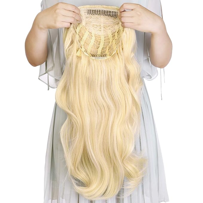 24" Long Wavy Clip in Half Head Tied Wig Blonde Premium Japanese Synthetic fibers Hair Extensions For Women 210g 8#