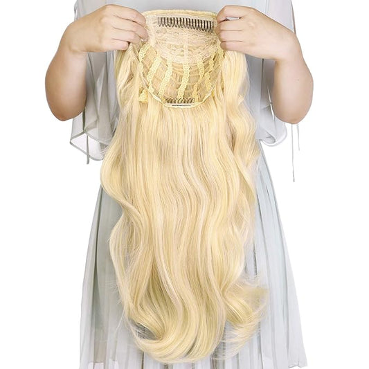 24" Long Wavy Clip in Half Head Tied Wig Blonde Premium Japanese Synthetic fibers Hair Extensions For Women 210g 8#