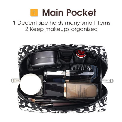 Narwey Small Cheetah Makeup Bag for Purse Mini Cosmetic Bag Travel Makeup Pouch Zipper Pouch Cute Make up Bags with Compartments for Women Girls (Black Leopard, Small)