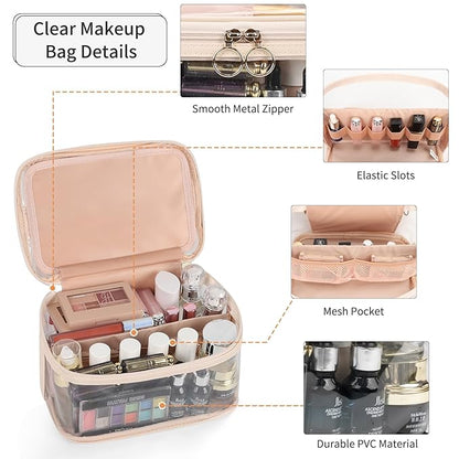 OCHEAL Makeup Bag, Clear Makeup Organizer Bag Portable Cosmetic Bag, Cute Transparent Case For Women and Girls traveling Storage with zipper Divider Brush Compartment-Clear Beige white