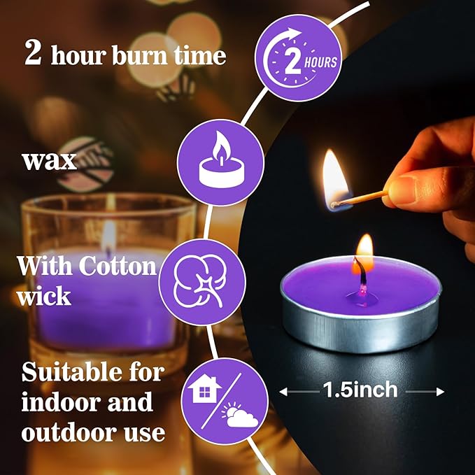 Purple Tealight Candles Bulk - Tea Candles Lights Mini Votive Candle with Cotton Wick for Home,Pool,Shabbat,Wedding,Emergencies,Halloween,Christmas,Thanksgiving