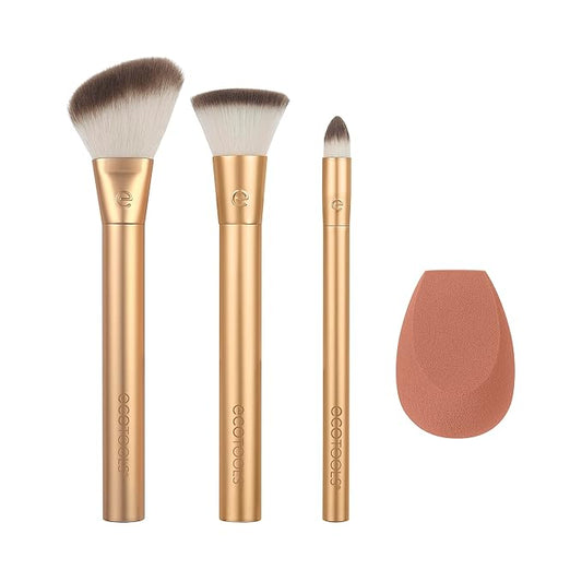 EcoTools Precious Metals Face Blend & Sculpt Set, Makeup Brush Set For Foundation, Concealer, & Powder, Makeup Sponge, Eco-Friendly, Recycled Aluminum, Chrome, Cruelty-Free, 4 Piece Set