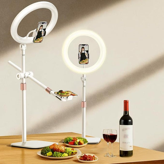 Overhead-Phone-Mount,Stable Overhead-Camera-Mount-Stand [Anti-Shaking] with 10.5" Ring Light, Flexible Desk-Stand for iPhone with Ring-Light for Video-Recording,Zoom Meeting,YouTube,TikTok, White