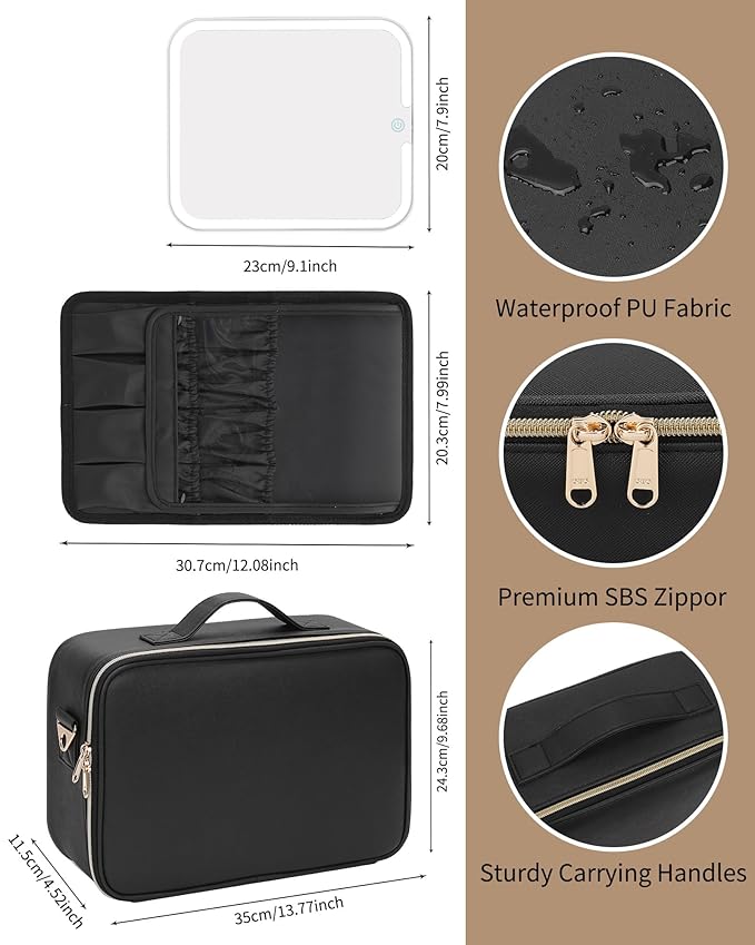MONSTINA Makeup Bag with LED Mirror,Makeup Case with Lighted Mirror Professional Makeup Artist Organizer Travel Bag with Adjustable Dividers,3 Light Brightness,Black