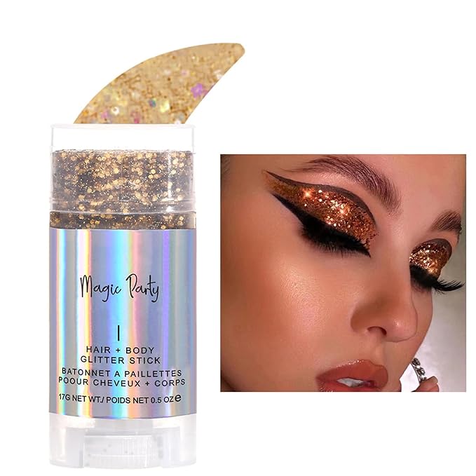 Holographic Flash Stick - Cosmetics for Body, Face, Eyes, Hair & Nails - Colorful Stage Makeup - Festival Loose Glitter Set (03# Gold)