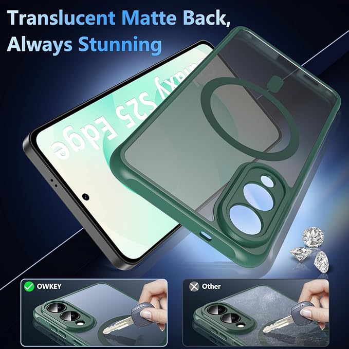 OWKEY for Samsung Galaxy S25 Edge Case 6.65'',Magnetic S25 Edge Case for Magsafe with Tempered Glass Screen, [Shockproof Military] Translucent Back Slim Bumper Cover Phone Case Galaxy s25 Edge,Green