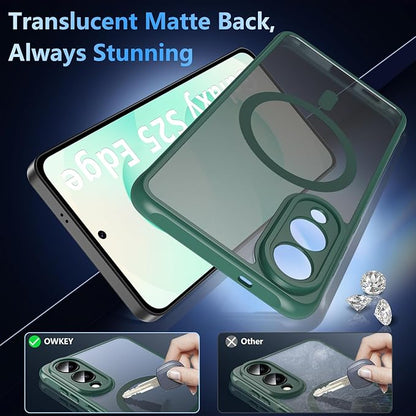 OWKEY for Samsung Galaxy S25 Edge Case 6.65'',Magnetic S25 Edge Case for Magsafe with Tempered Glass Screen, [Shockproof Military] Translucent Back Slim Bumper Cover Phone Case Galaxy s25 Edge,Green