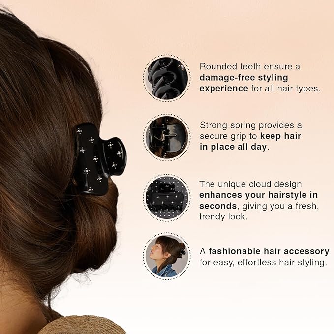 Kitsch Rhinestone Hair Claw Clip, Strong Grip Recycled Plastic Hair Clip for Thick, Curly & Fine Hair, Sparkling Stud Design for Elegant Updos & Half-Up Styles, Medium, Black, 1pc