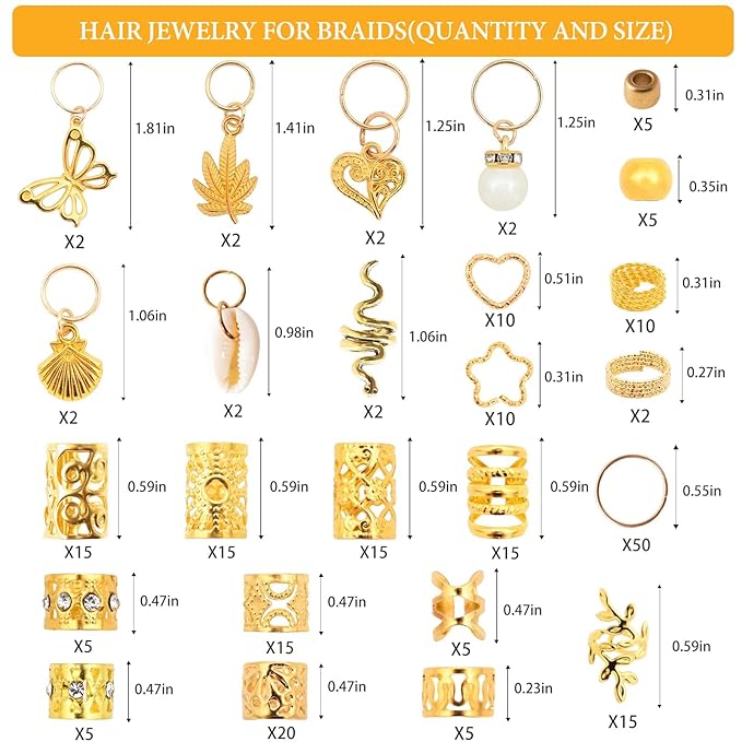 236PCS Gold Hair Accessories Set: Jewelry, Charms, Rings and Cuffs for Braids, Dreadlocks, Loc Styles and Rave Hair Styling