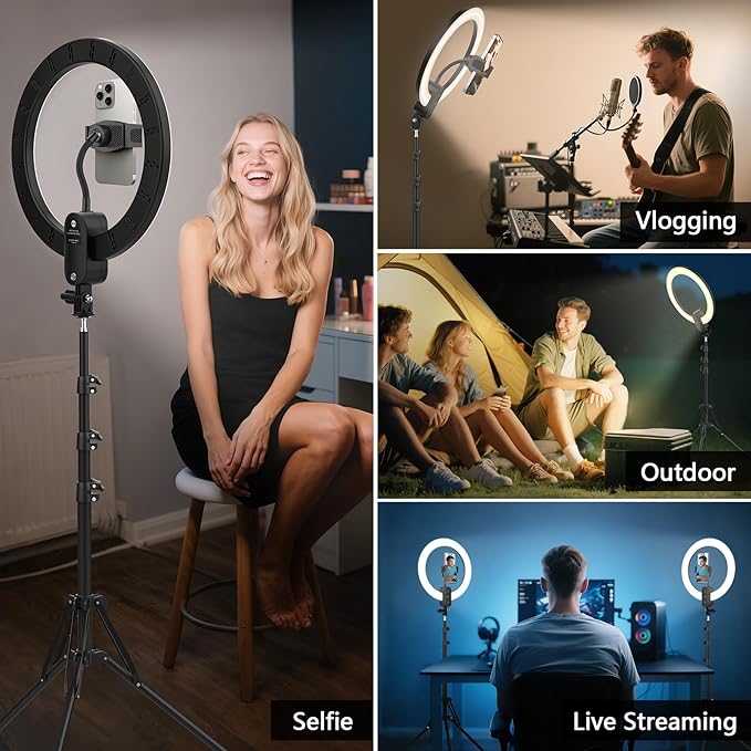 12" Selfie Ring Light with 63" Tripod Stand/Phone Holder, QEUOOIY 20W LED Circle Lights Dimmable 3000-6500K with Remote Control and Built-in Rechargeable Battery for Vlog, Makeup, YouTube, Camera