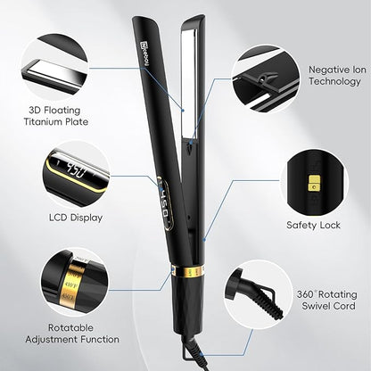 Nicebay Hair Straightener and Curler Fast Heating Titanium Iron with 5 Temp Settings and Negative Ion Technology, Travel-Friendly