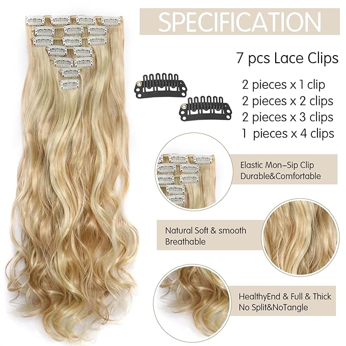 22 Inch Clip In Hair Extensions 7 PCS Long Wavy Synthetic Hair Extension & Natural Soft Invisible Clip Thick Hairpieces for Women Daily(20Inch, 7pcs, Blonde Mixed Gold)