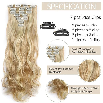 22 Inch Clip In Hair Extensions 7 PCS Long Wavy Synthetic Hair Extension & Natural Soft Invisible Clip Thick Hairpieces for Women Daily(20Inch, 7pcs, Blonde Mixed Gold)