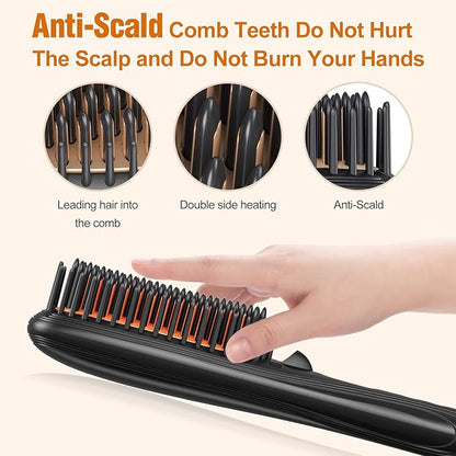 Hair Straightener Brush, Hair Straightener Comb Straightening Brush for Women with 16 Temps, 20s Fast Heating & Anti-Scald